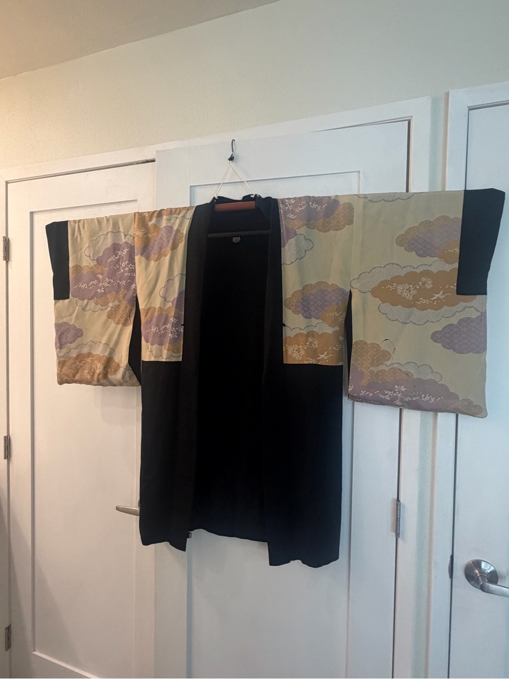 Vintage Black Haori Jacket with Cream & Lavender Cloud Panels 100% Silk